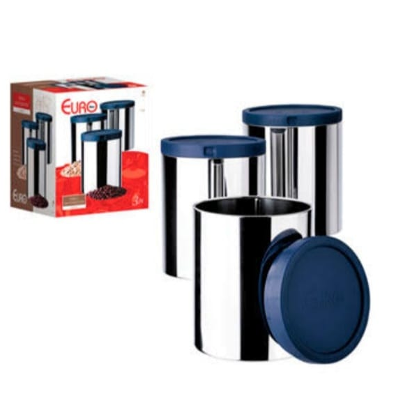 Euro Porta Mantimentos Inox 3 PC Com Tampa Azul